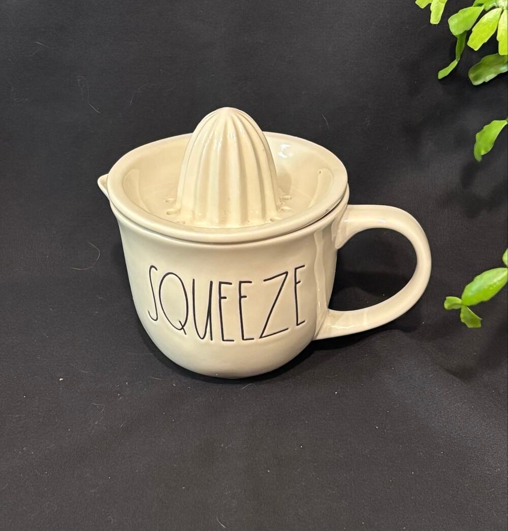 Rae Dunn Lemon Lime Orange Hand Juicer SQUEEZE White Ceramic Pitcher with handle